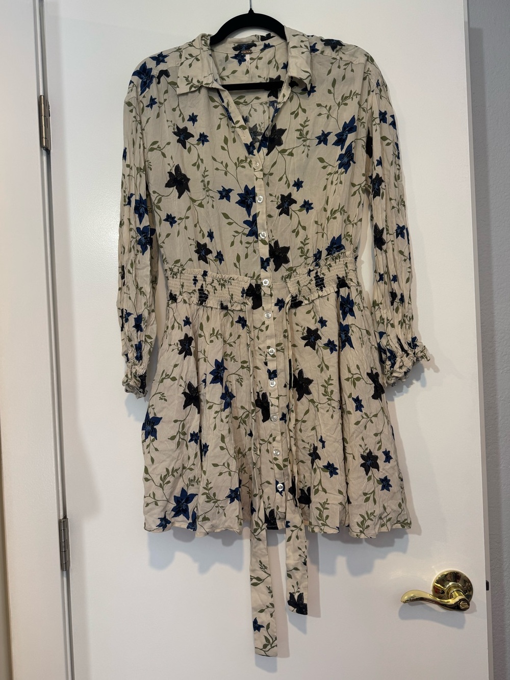 Free People Greatest Day Printed Smocked Shirtdress Cream Blue Floral XS